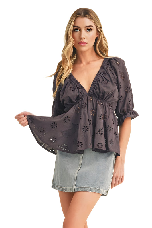 Dark gray Eyelet Peplum Top with Puff Sleeves