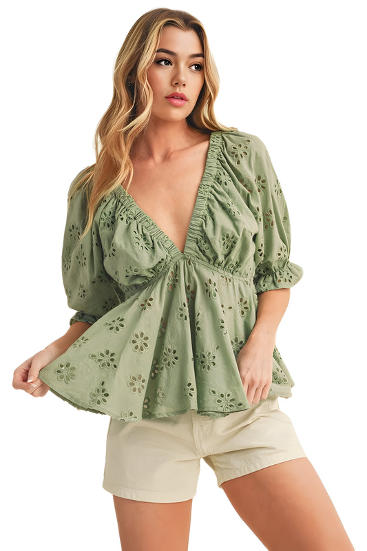 Sage Green Eyelet Peplum Top with Puff Sleeves
