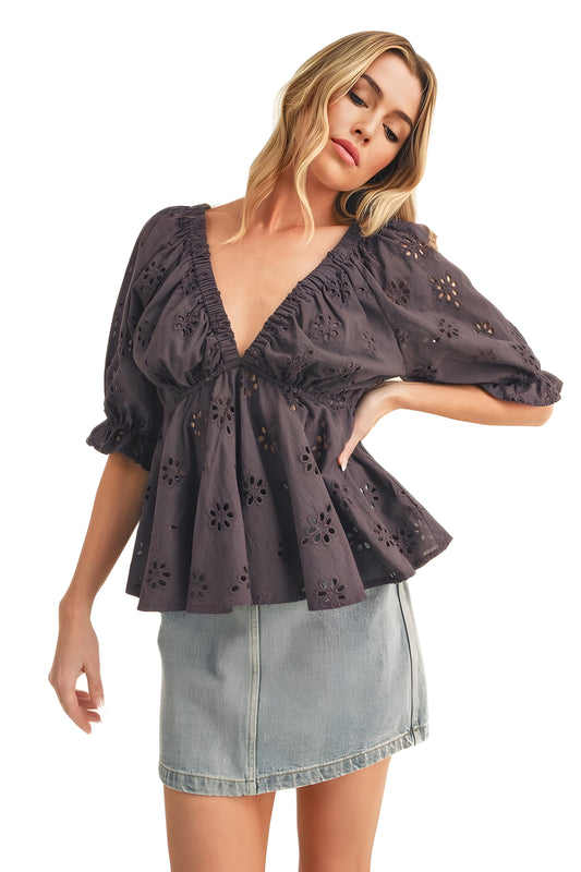 Dark gray Eyelet Peplum Top with Puff Sleeves