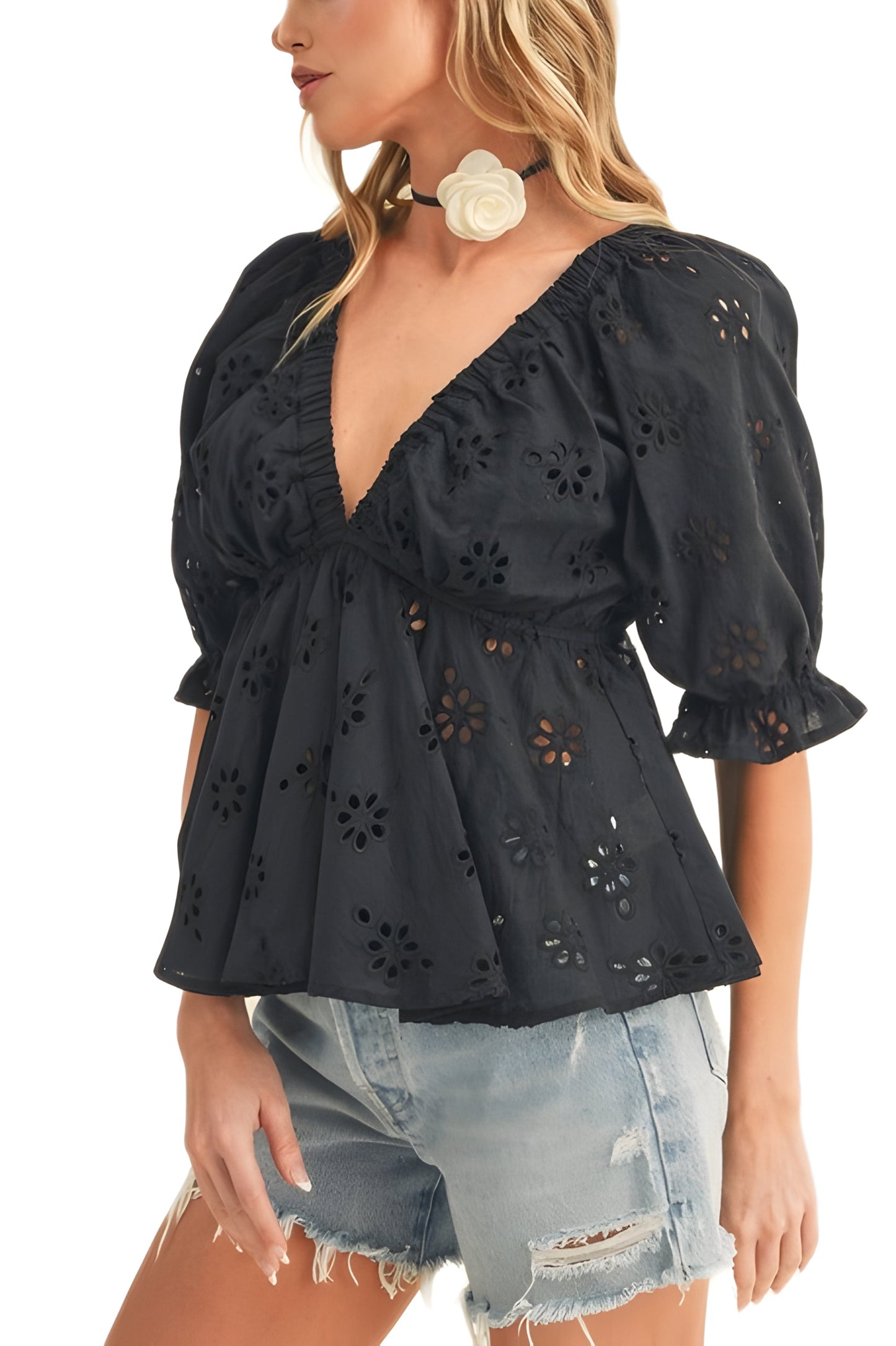 Black Eyelet Peplum Top with Deep V-Neckline