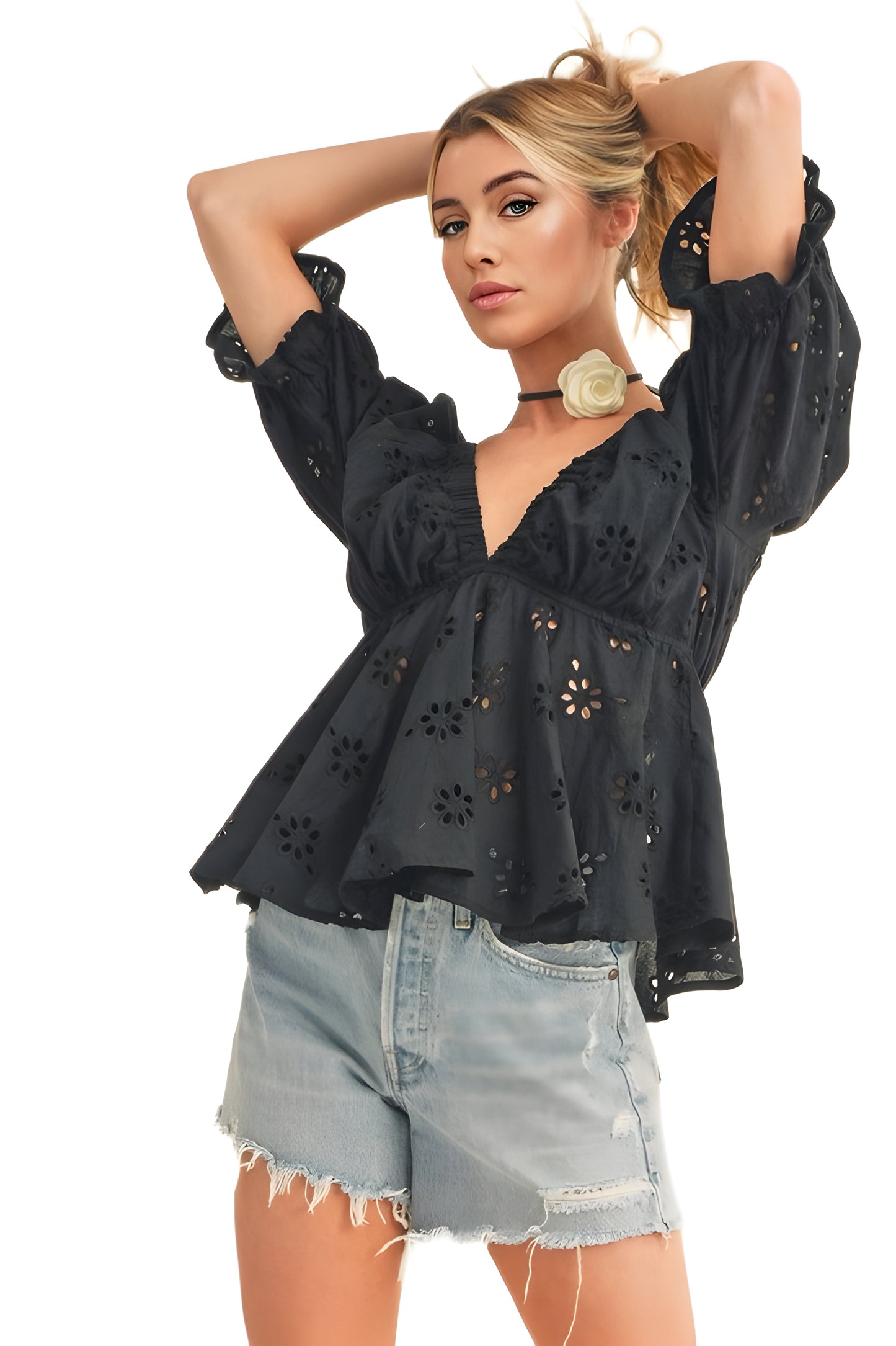 Black Eyelet Peplum Top with Deep V-Neckline