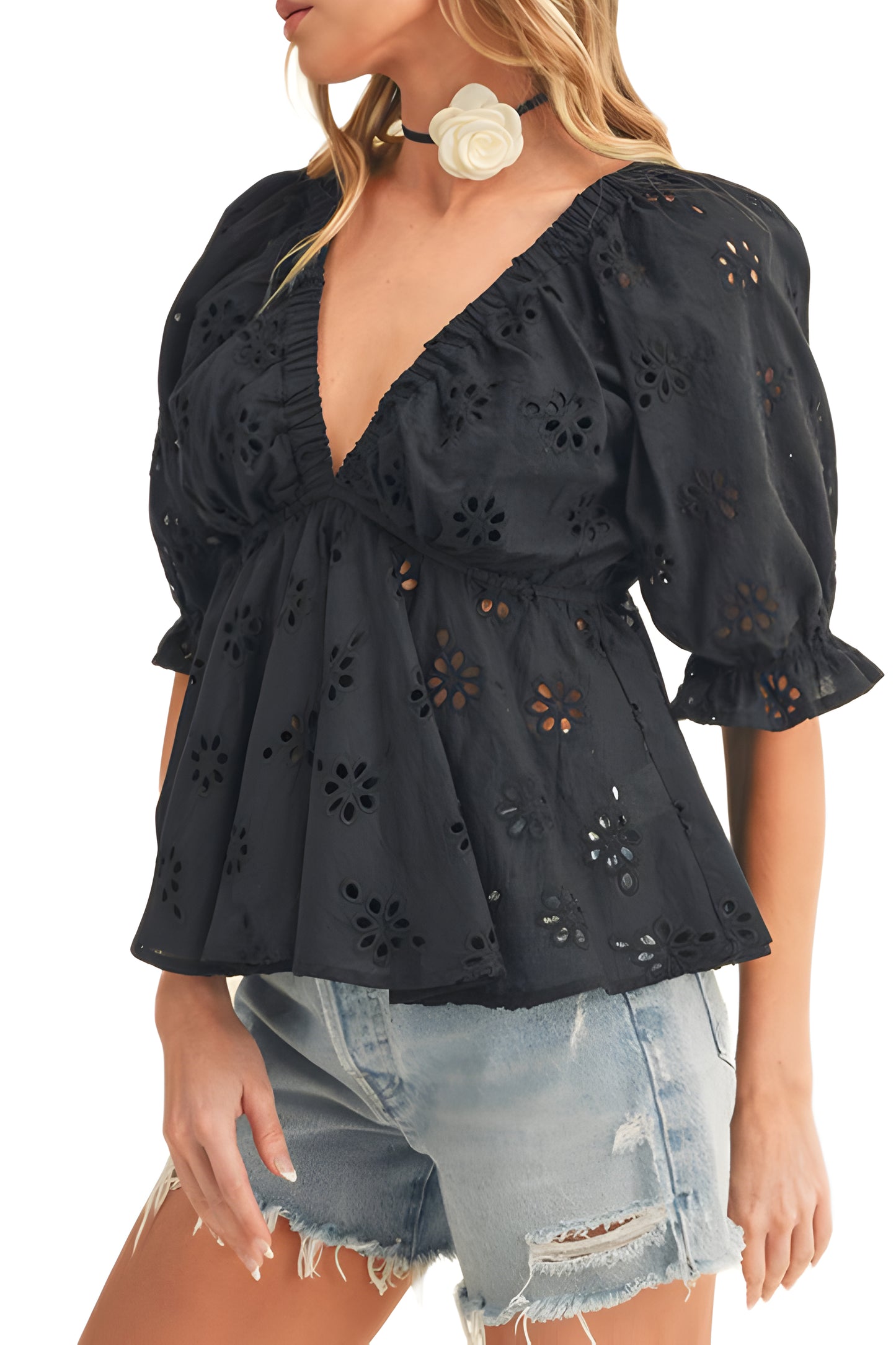 Black Eyelet Peplum Top with Deep V-Neckline