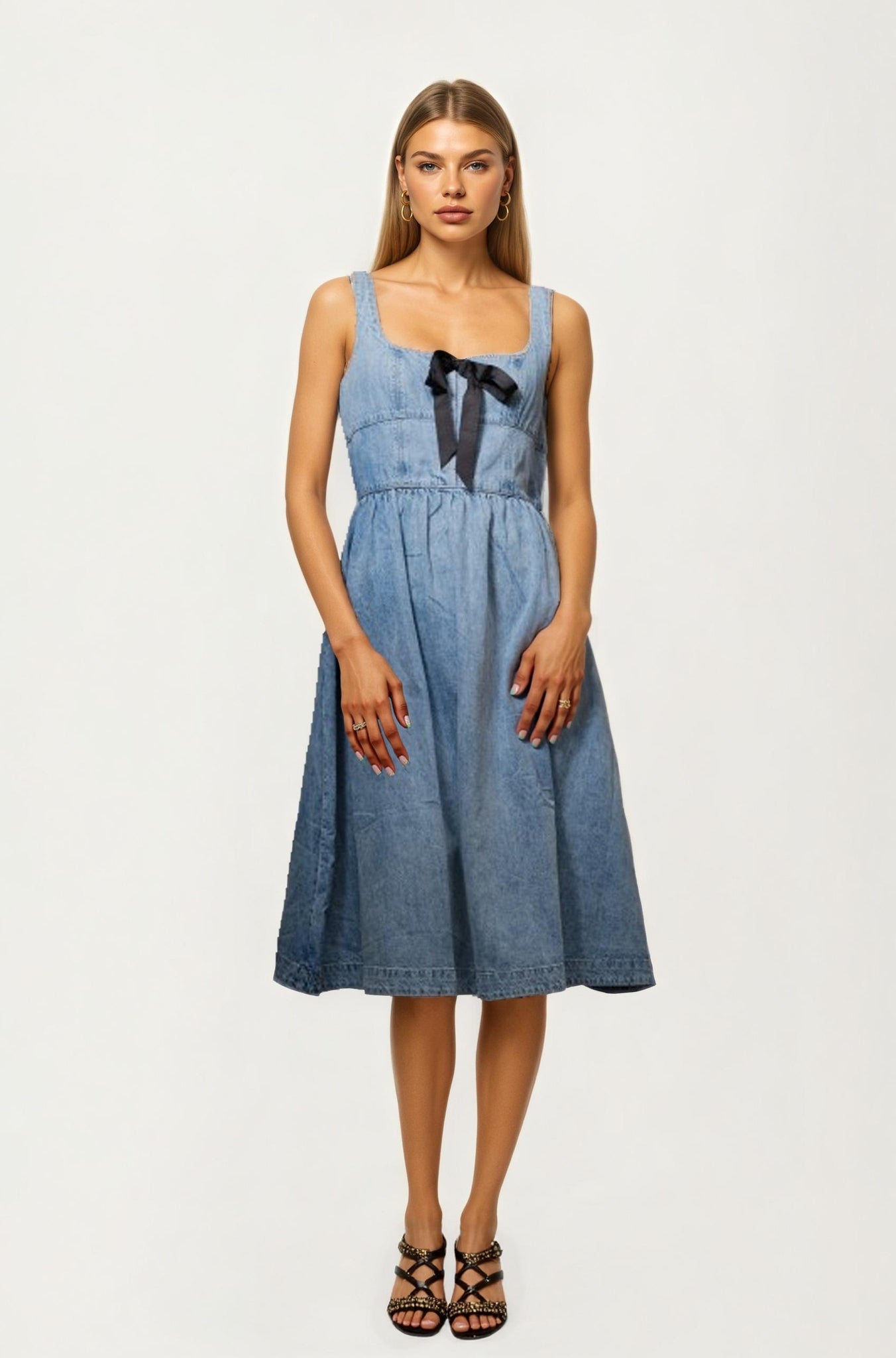 Denim Midi Dress with Square Neckline and Contrast Bow Detail