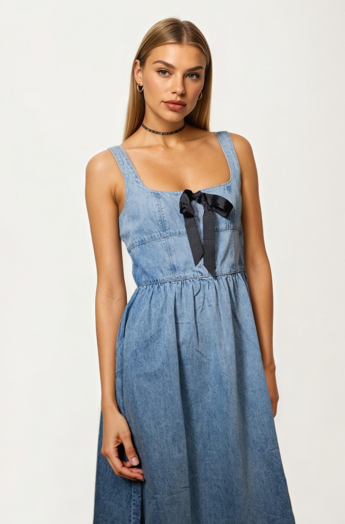 Denim Midi Dress with Square Neckline and Contrast Bow Detail