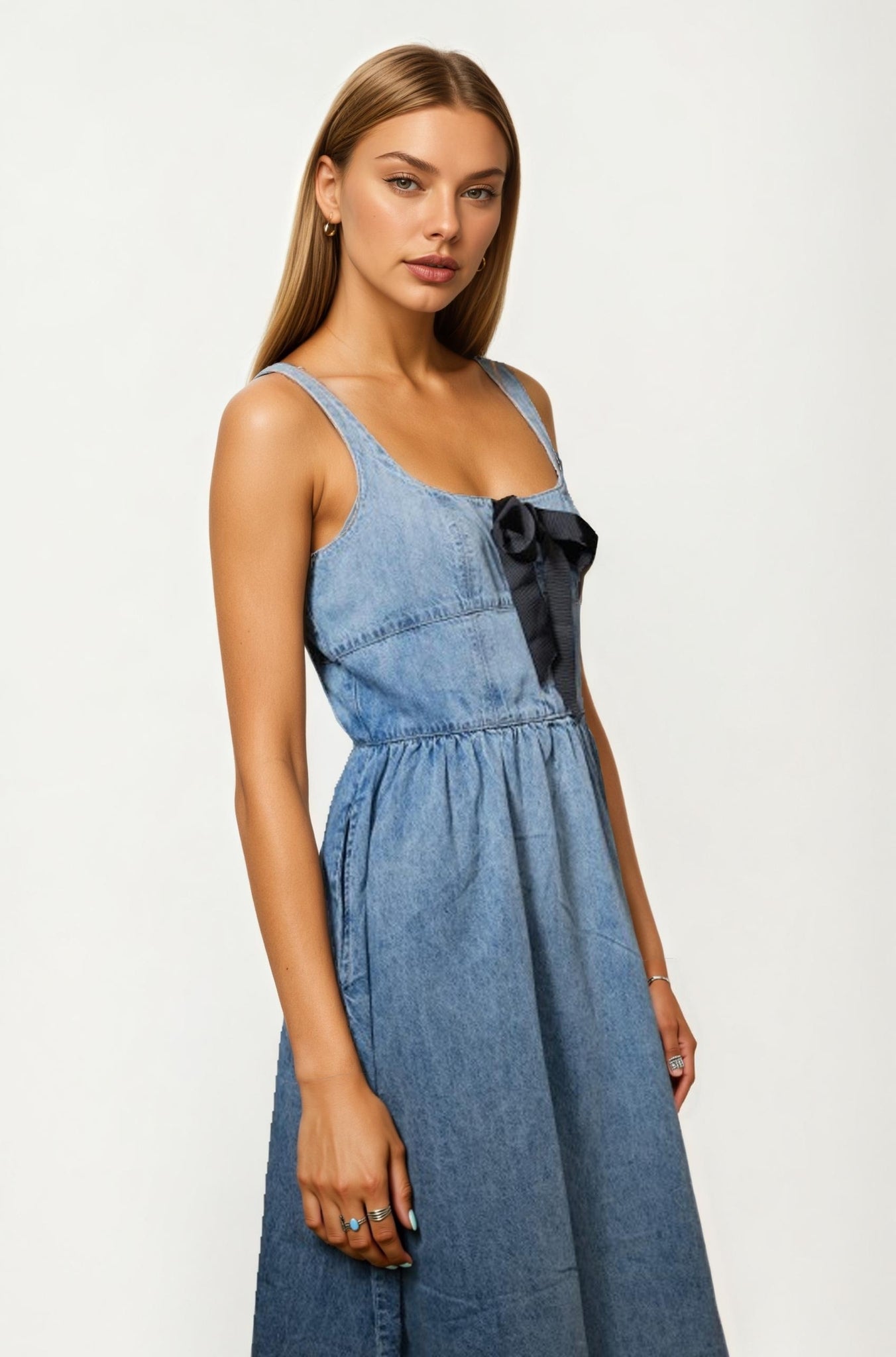Denim Midi Dress with Square Neckline and Contrast Bow Detail