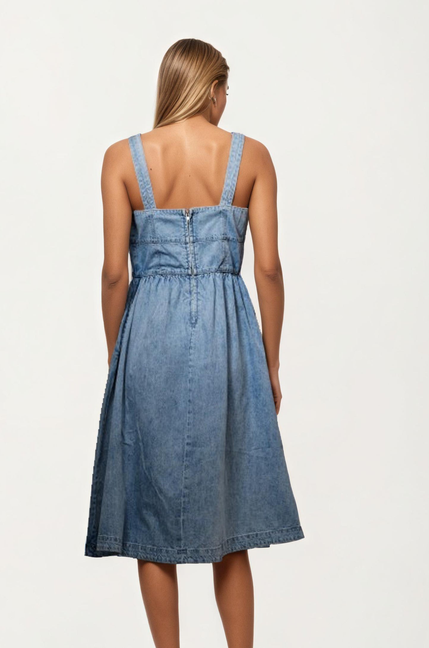 Denim Midi Dress with Square Neckline and Contrast Bow Detail