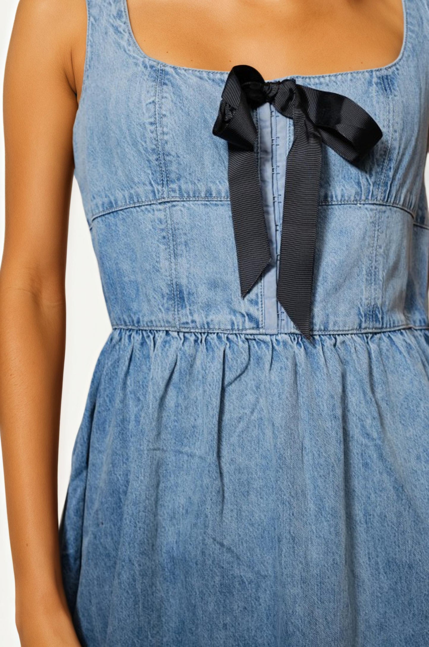 Denim Midi Dress with Square Neckline and Contrast Bow Detail