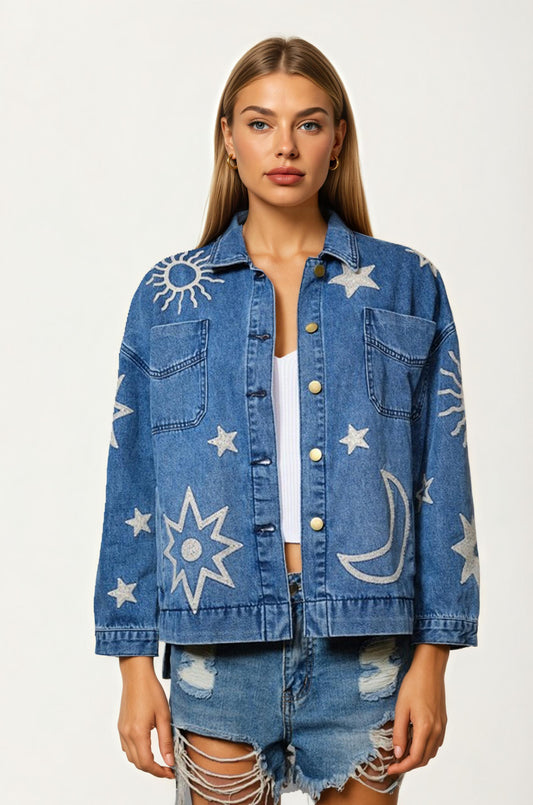 Denim Jacket with Celestial Star and Moon Embroidery