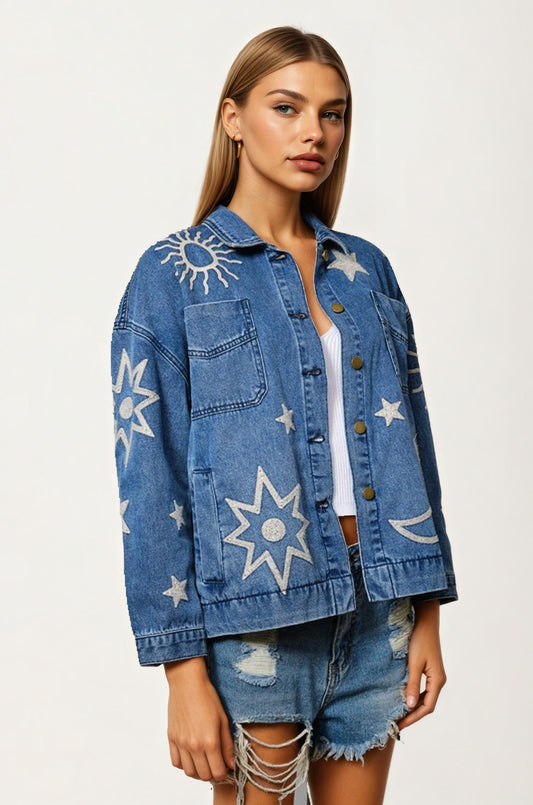 Denim Jacket with Celestial Star and Moon Embroidery