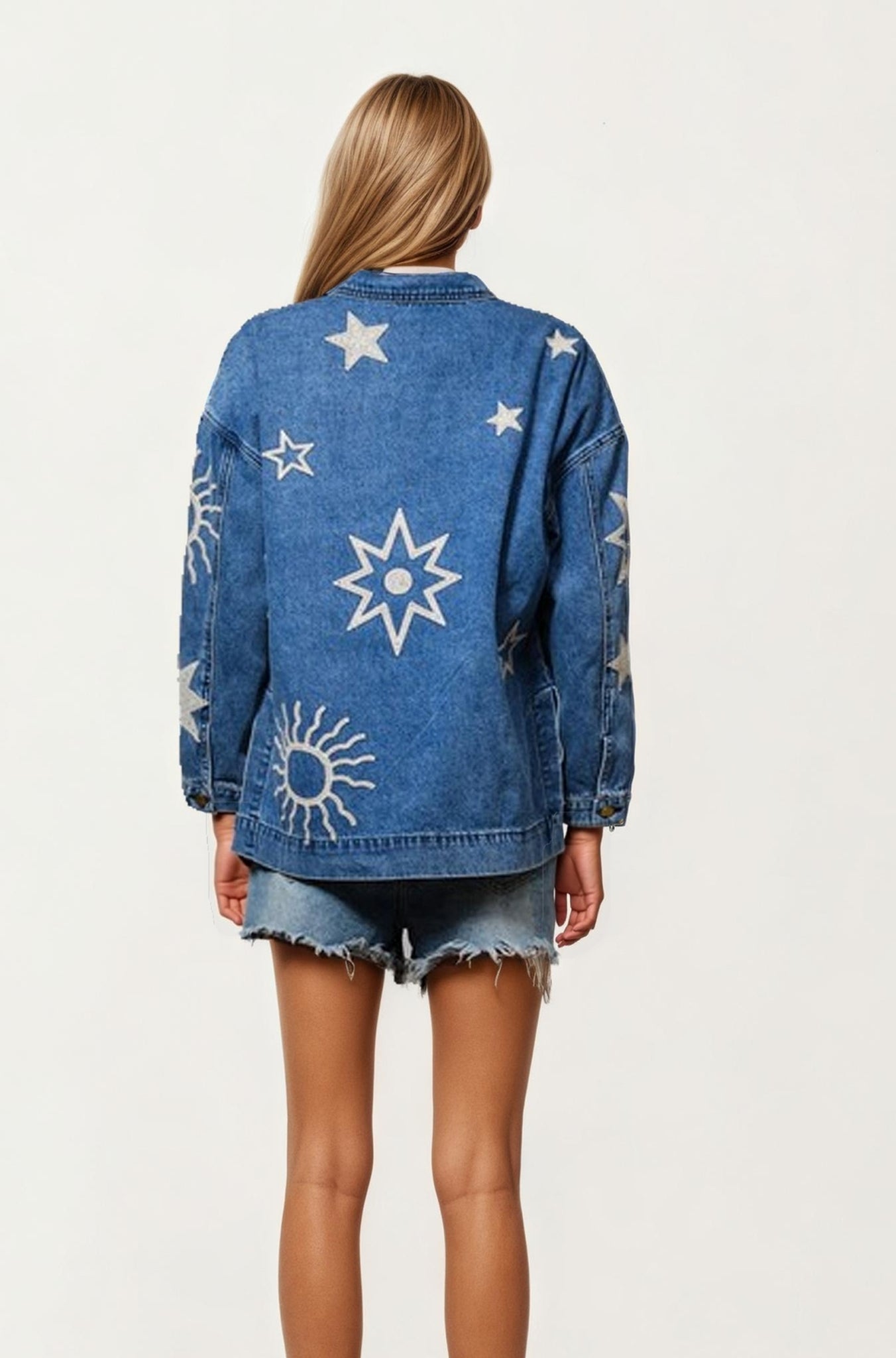 Denim Jacket with Celestial Star and Moon Embroidery