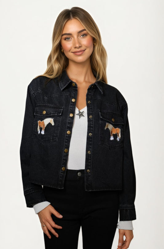 Denim Jacket with Embroidered Horse Detail and Classic Fit
