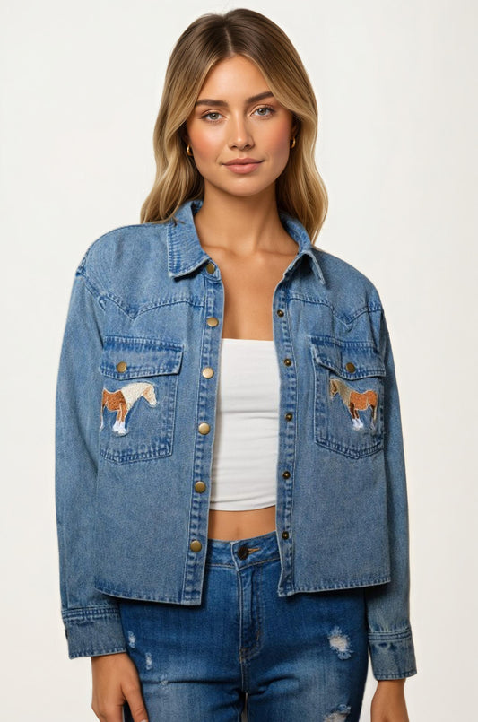Light Wash Denim Jacket with Embroidered Horse Pockets