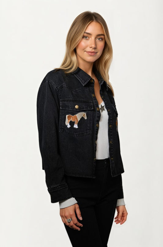 Denim Jacket with Embroidered Horse Detail and Classic Fit