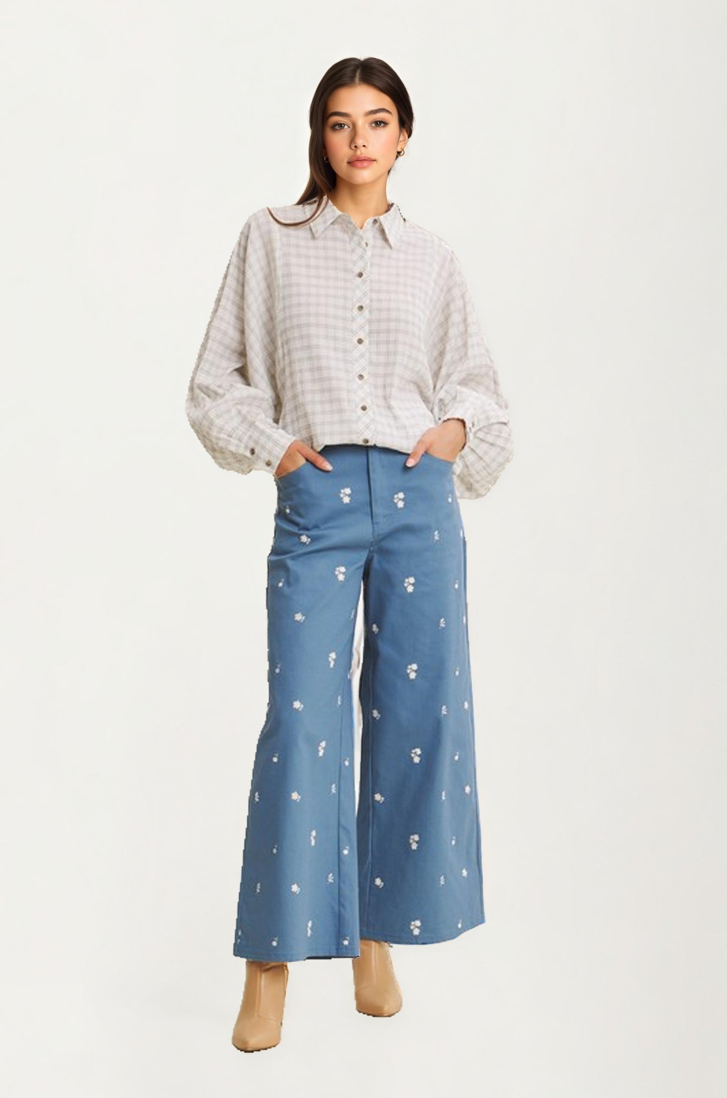Blue Wide-Leg Pants with Mini Daisy Embroidery