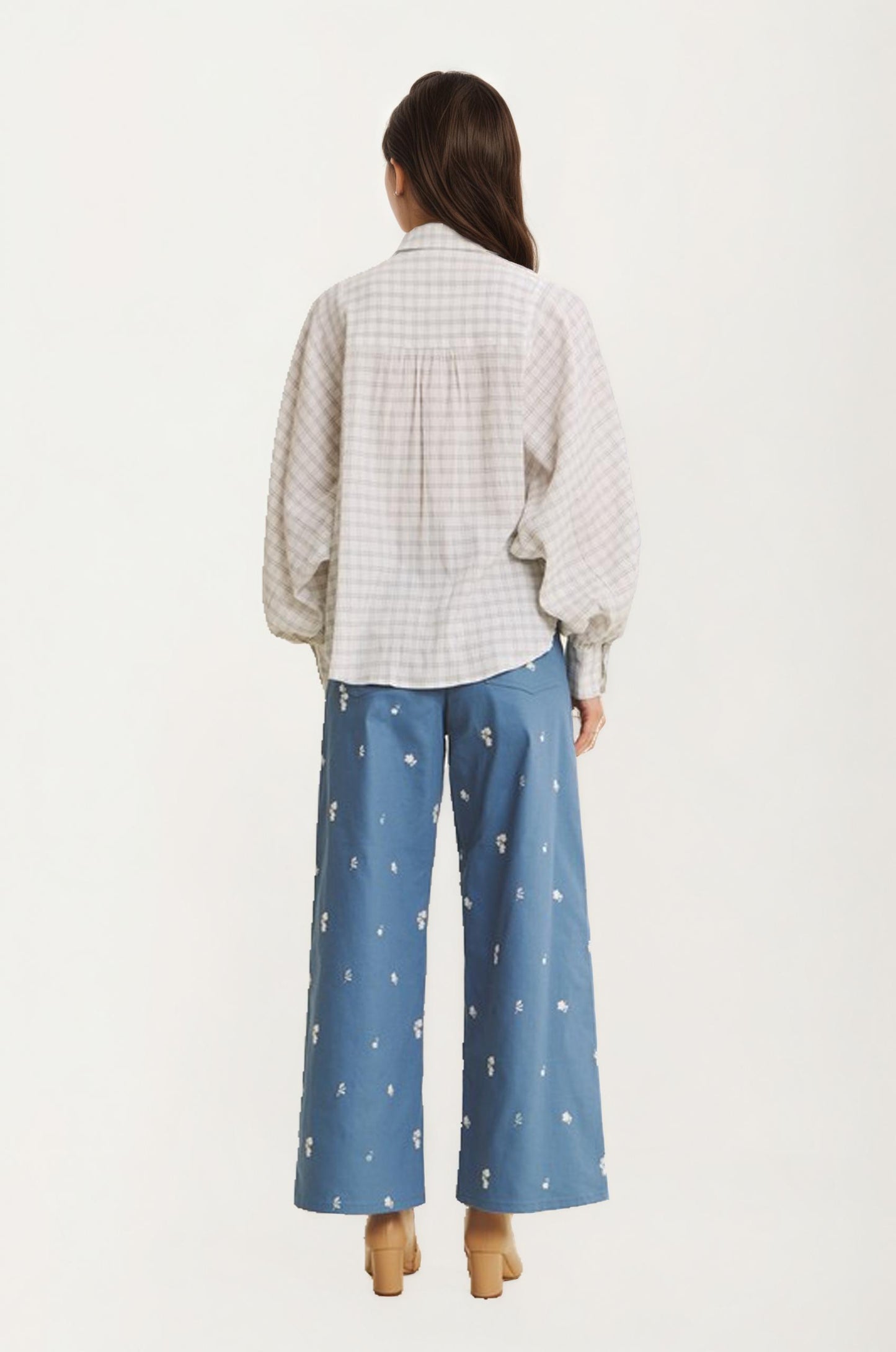 Blue Wide-Leg Pants with Mini Daisy Embroidery