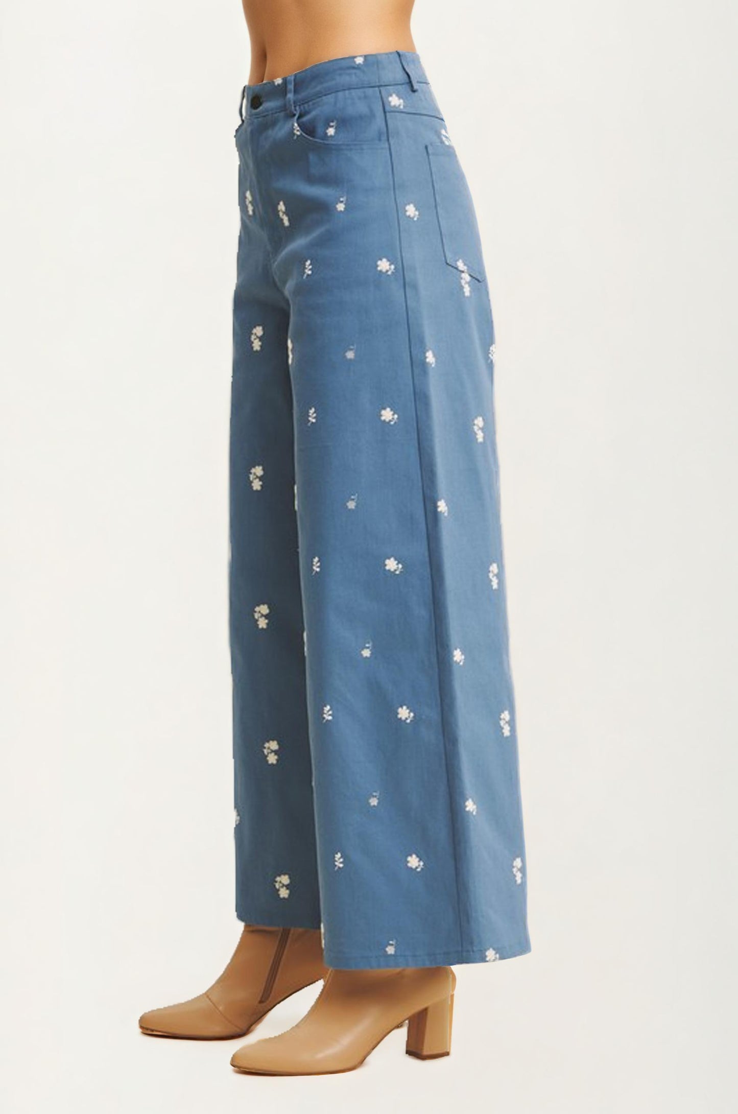 Blue Wide-Leg Pants with Mini Daisy Embroidery
