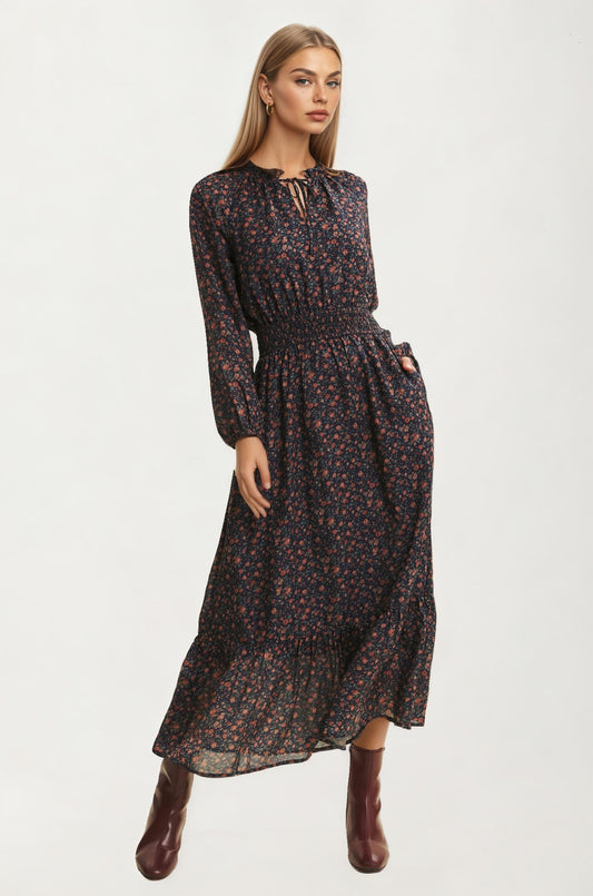 Long Sleeve Smocked Waist Floral Midi Dress