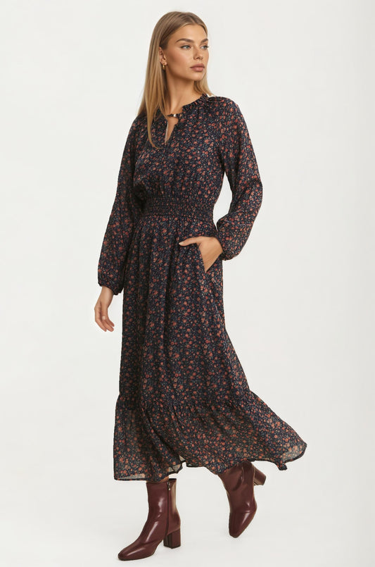 Long Sleeve Smocked Waist Floral Midi Dress