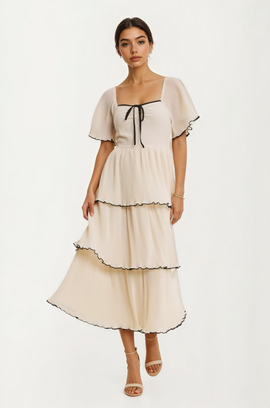 Tiered Flutter Sleeve Midi Dress with Tie Front