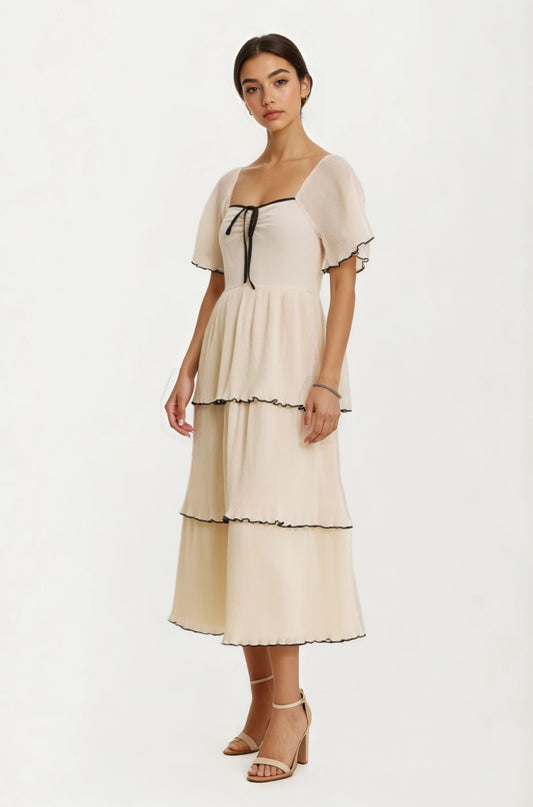 Tiered Flutter Sleeve Midi Dress with Tie Front