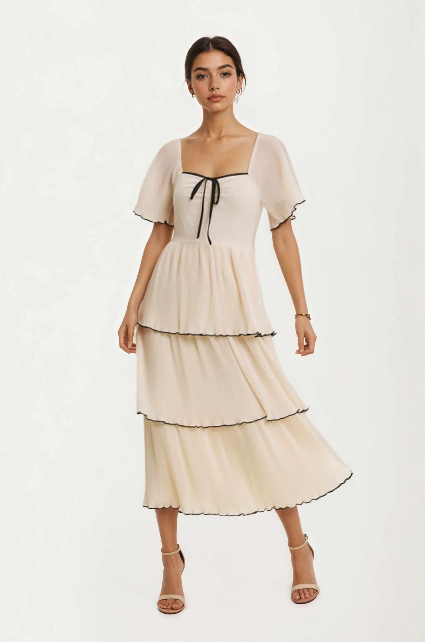 Tiered Flutter Sleeve Midi Dress with Tie Front