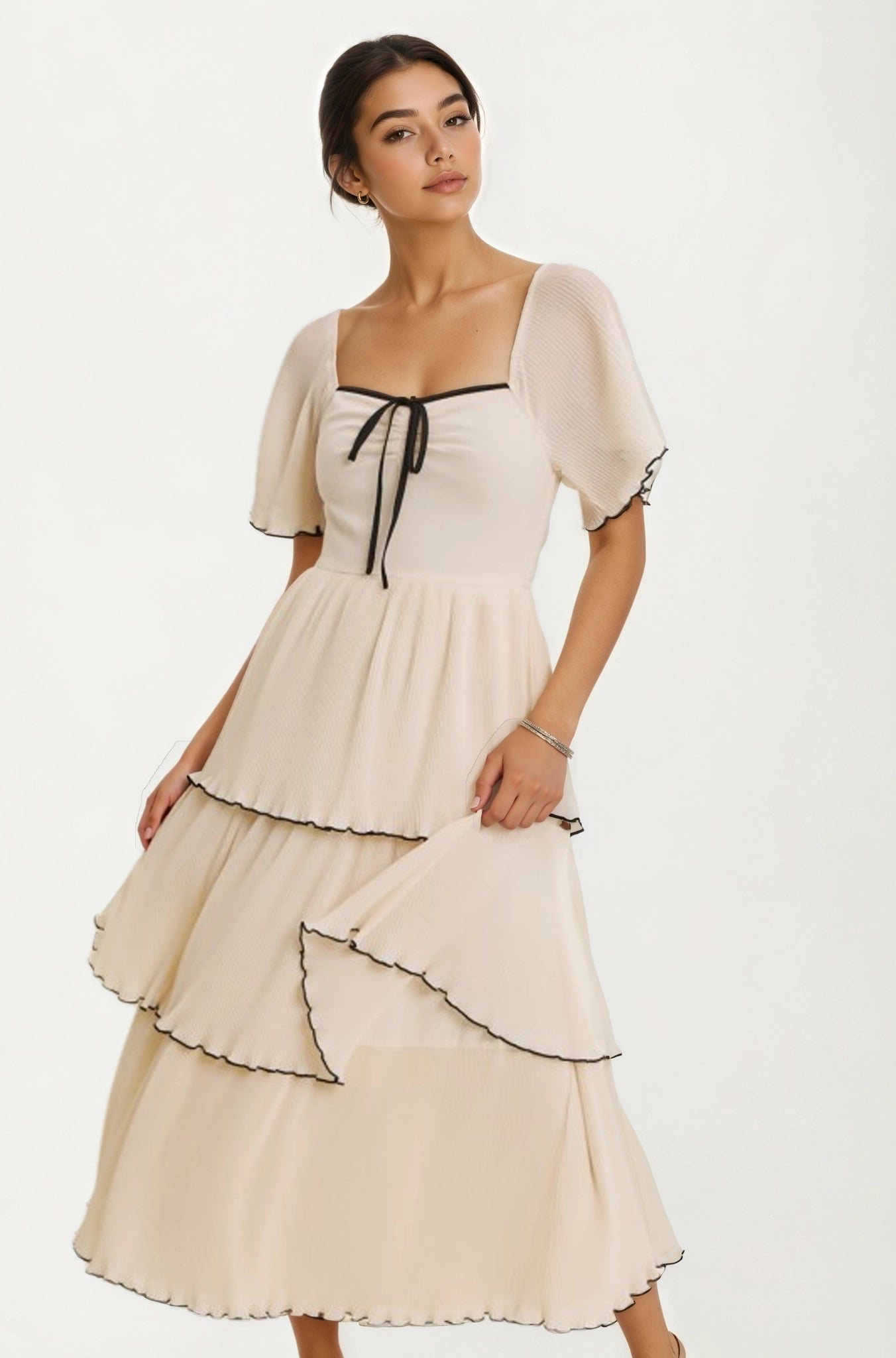Tiered Flutter Sleeve Midi Dress with Tie Front