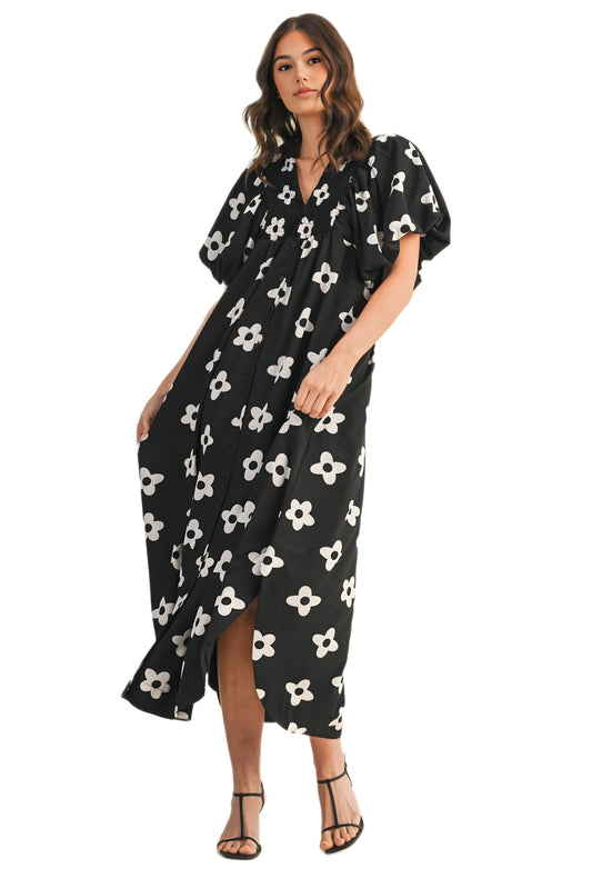 Puff Sleeve Black Maxi Dress with Bold White Floral Print