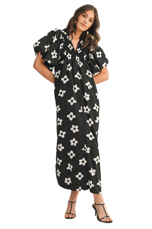 Puff Sleeve Black Maxi Dress with Bold White Floral Print