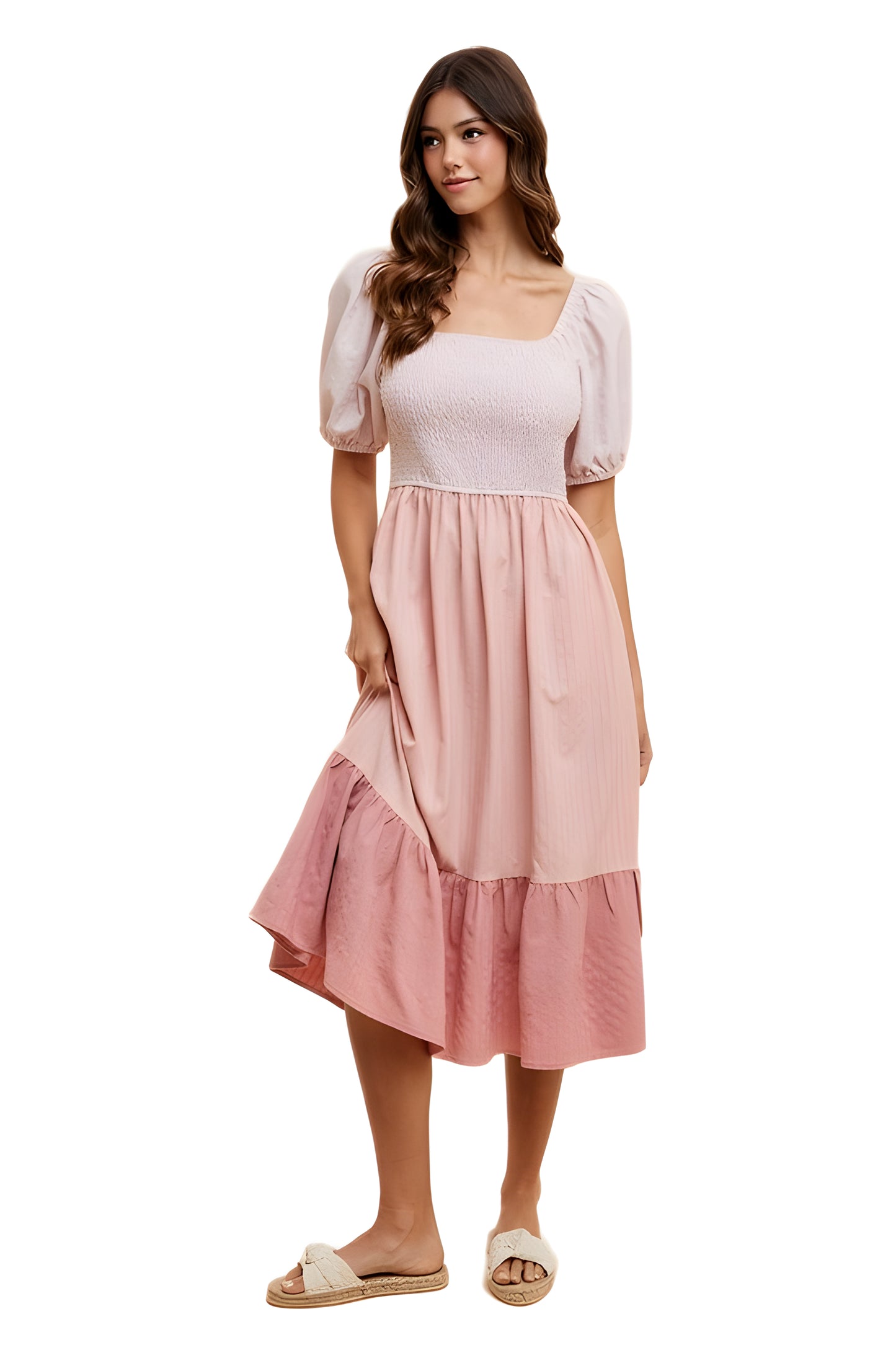 Blush Pink Puff Sleeve Midi Dress with Smocked Bodice