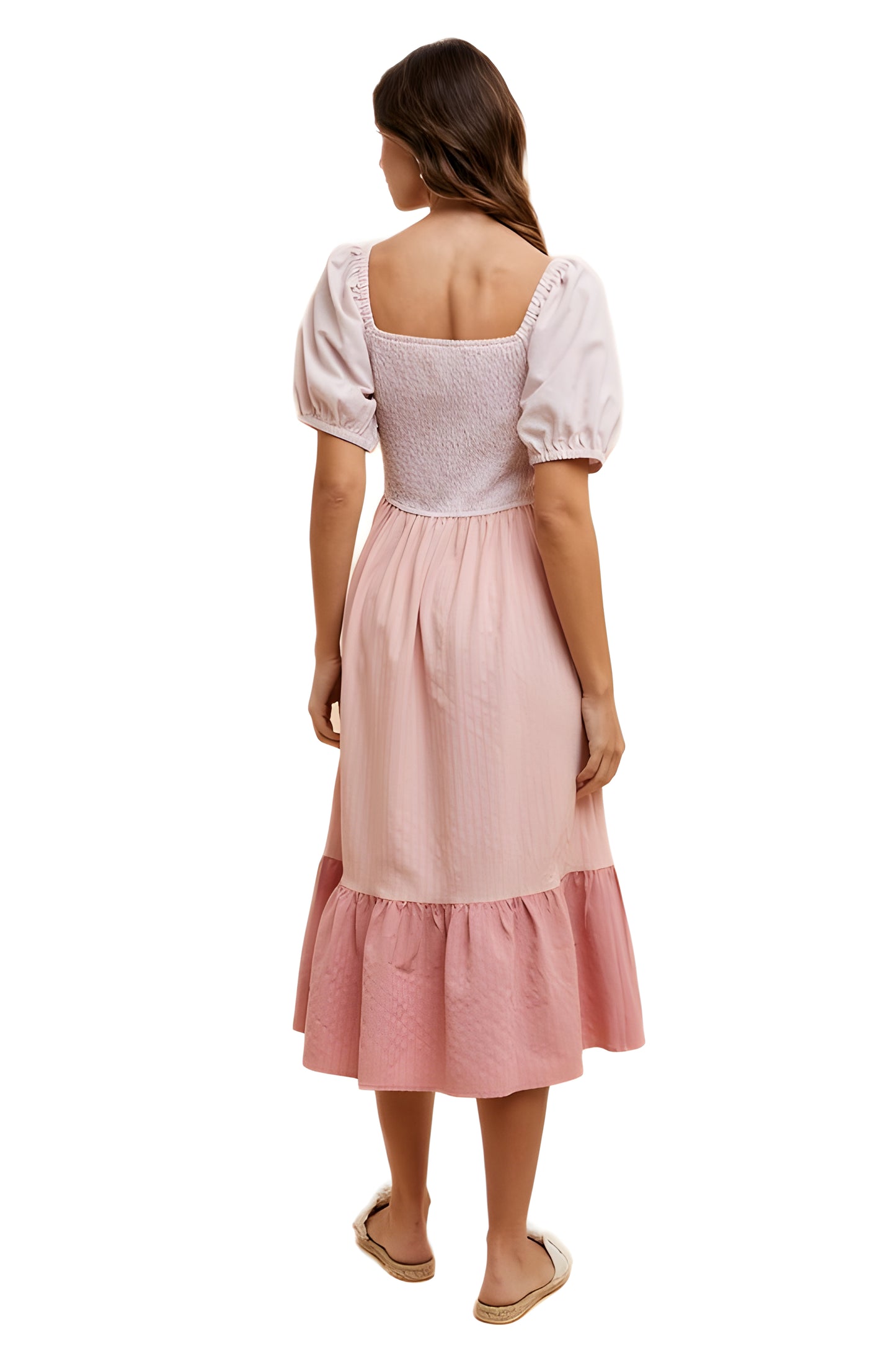 Blush Pink Puff Sleeve Midi Dress with Smocked Bodice