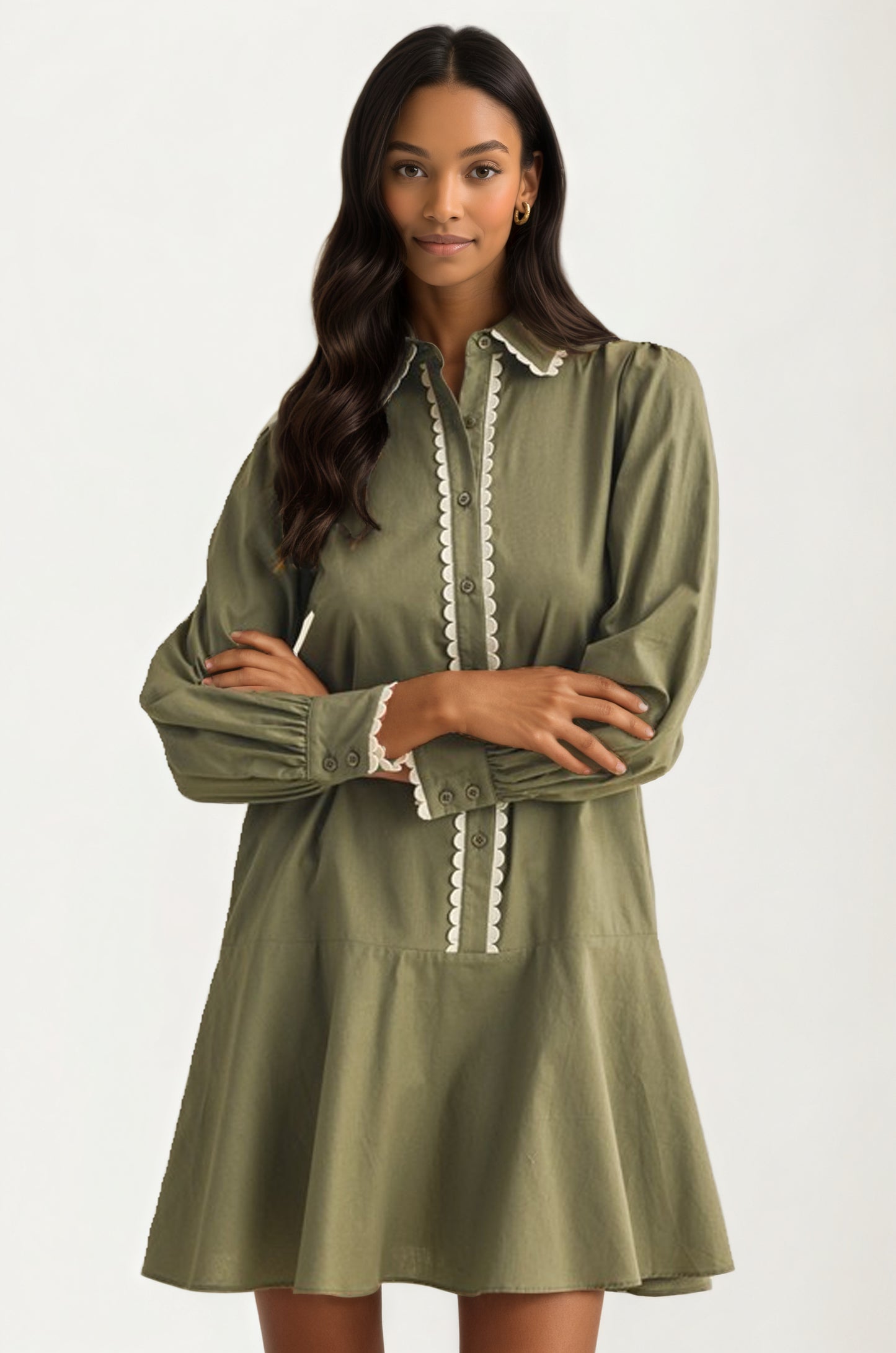 Long Sleeve Button Front Mini Dress with Scallop Trim