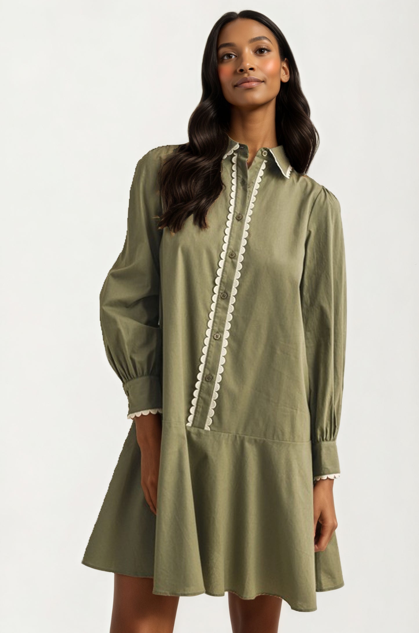 Long Sleeve Button Front Mini Dress with Scallop Trim