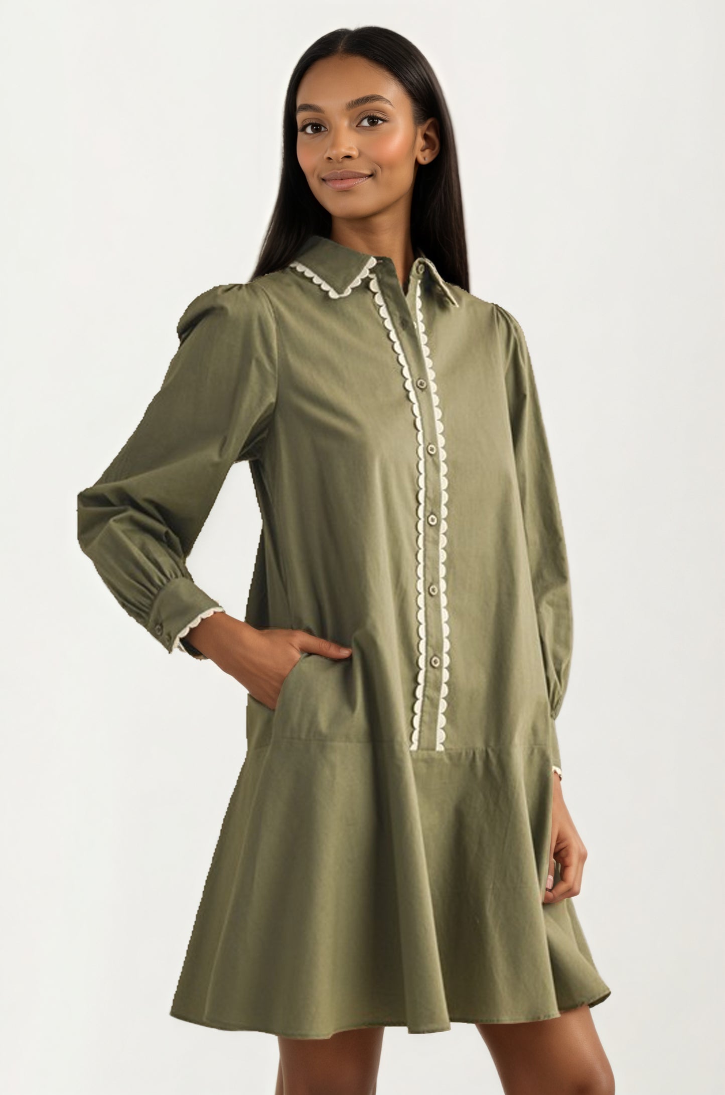 Long Sleeve Button Front Mini Dress with Scallop Trim