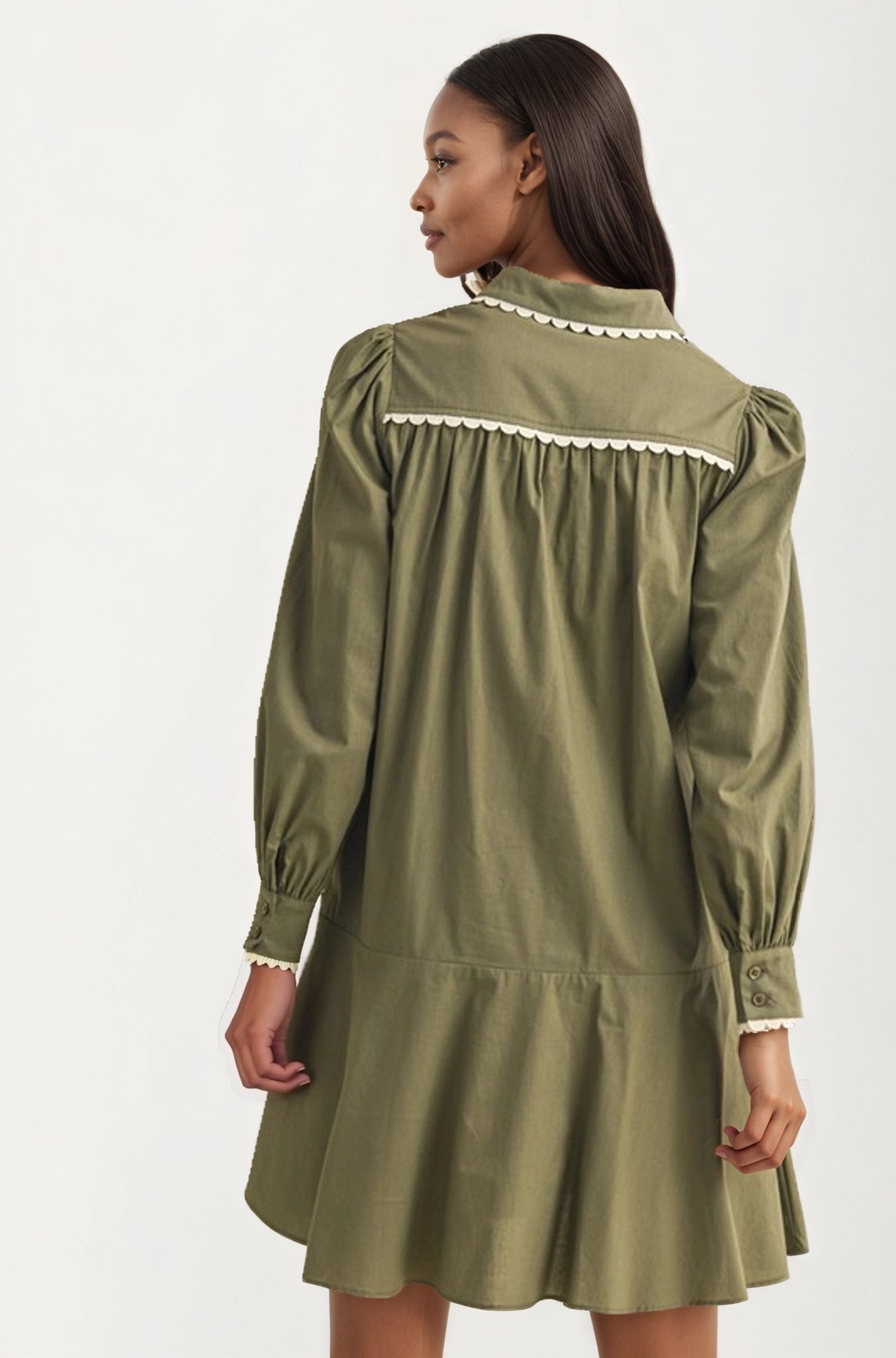 Long Sleeve Button Front Mini Dress with Scallop Trim