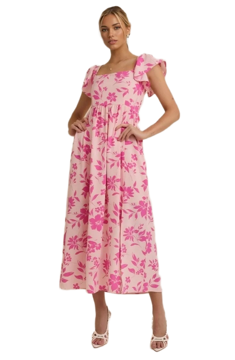 Elegant Pink Floral Square-Neck Midi Dress with Flutter Sleeves