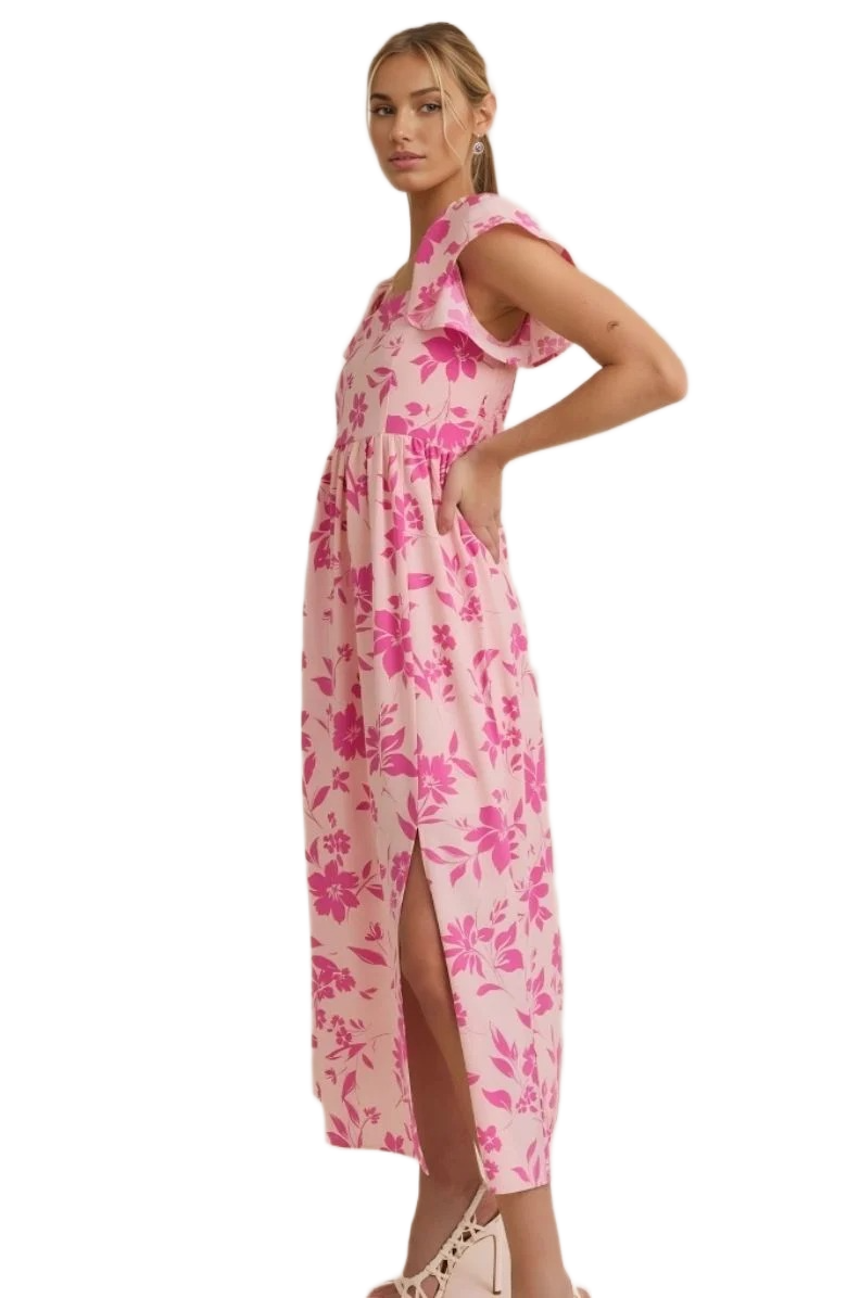 Elegant Pink Floral Square-Neck Midi Dress with Flutter Sleeves