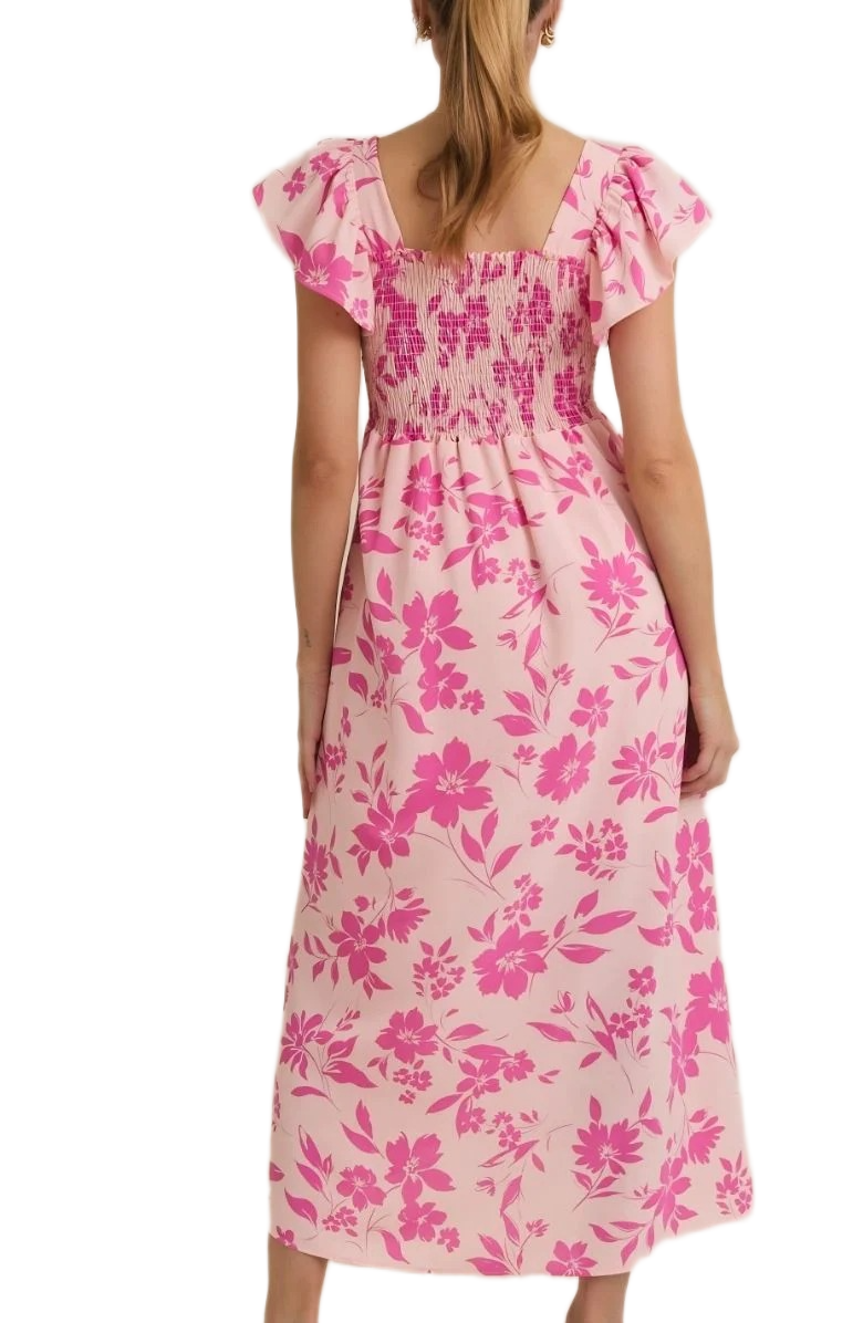 Elegant Pink Floral Square-Neck Midi Dress with Flutter Sleeves