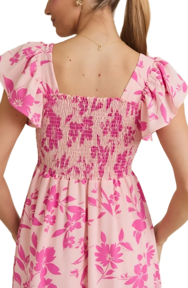 Elegant Pink Floral Square-Neck Midi Dress with Flutter Sleeves