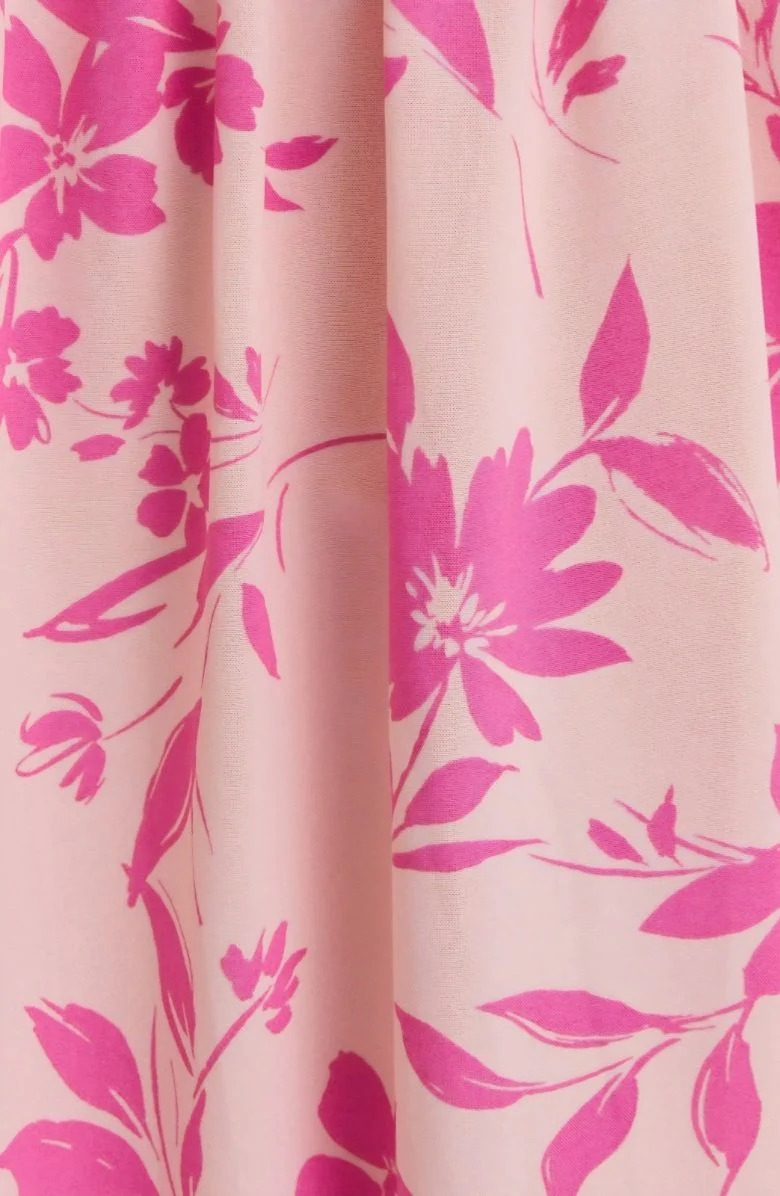Elegant Pink Floral Square-Neck Midi Dress with Flutter Sleeves