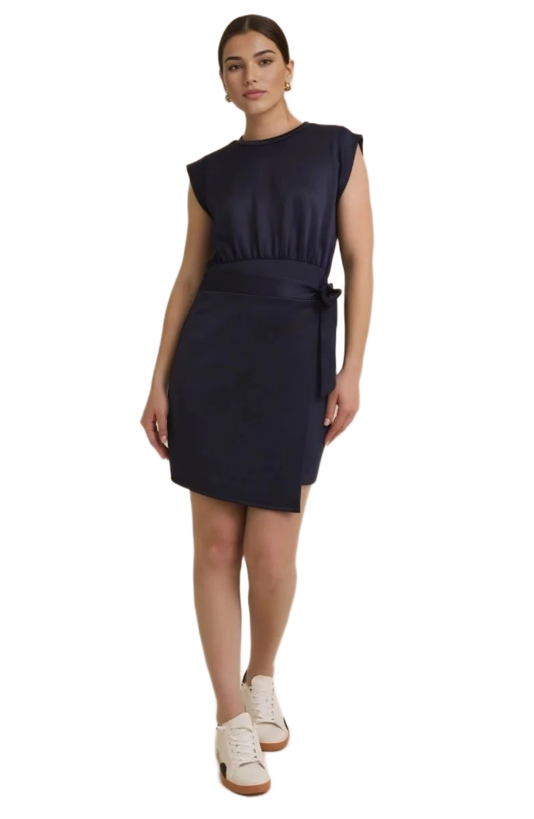 Navy Cap Sleeve Mini Dress with Waist Tie and Sleek Wrap Skirt