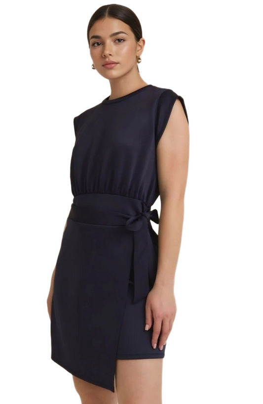 Navy Cap Sleeve Mini Dress with Waist Tie and Sleek Wrap Skirt