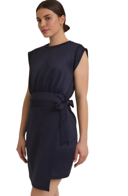 Navy Cap Sleeve Mini Dress with Waist Tie and Sleek Wrap Skirt