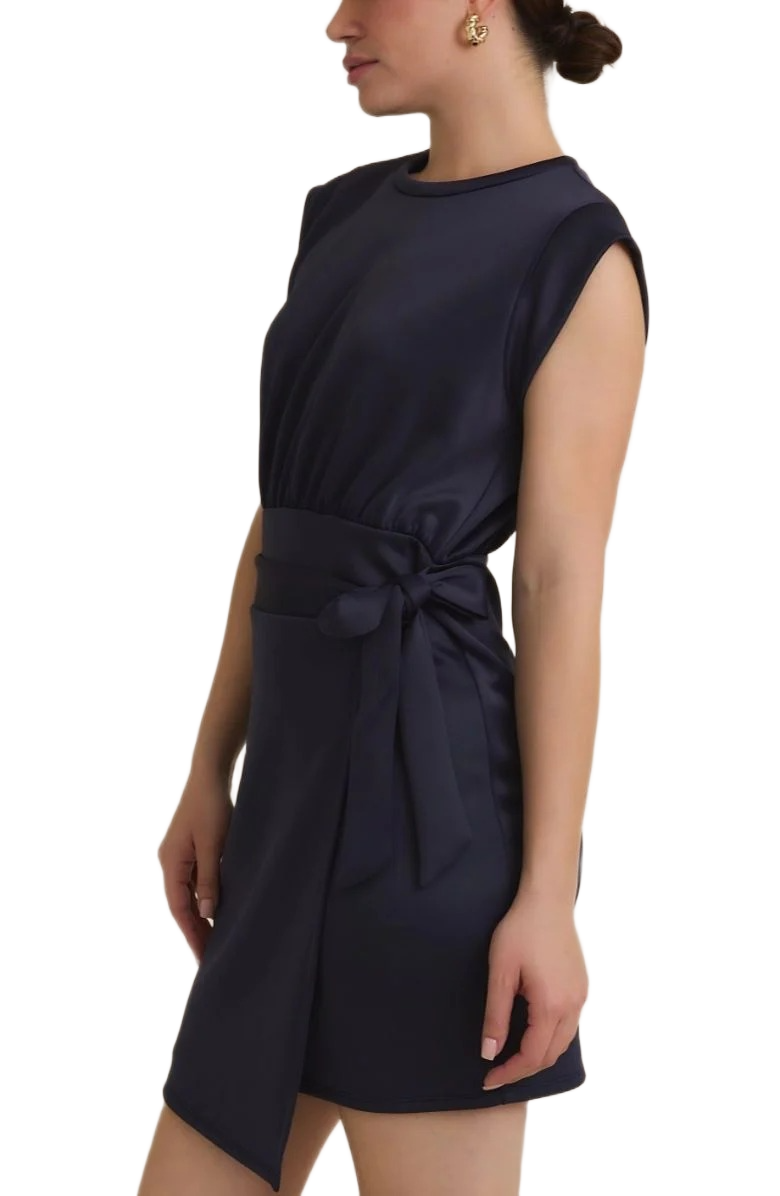 Navy Cap Sleeve Mini Dress with Waist Tie and Sleek Wrap Skirt
