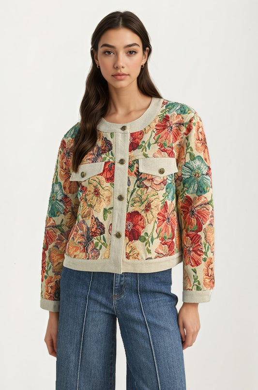 Floral Tapestry Button Front Cropped Jacket With Long Sleeves