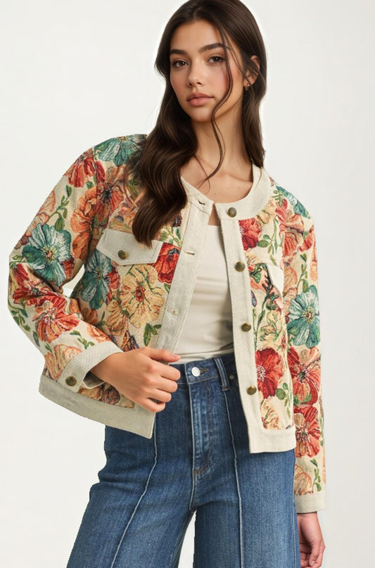 Floral Tapestry Button Front Cropped Jacket With Long Sleeves