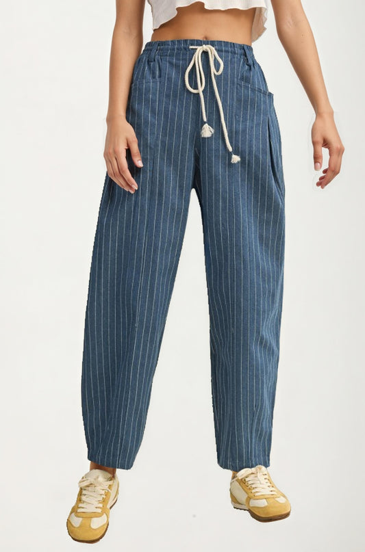 Striped Drawstring Denim Pants with Relaxed Straight Fit