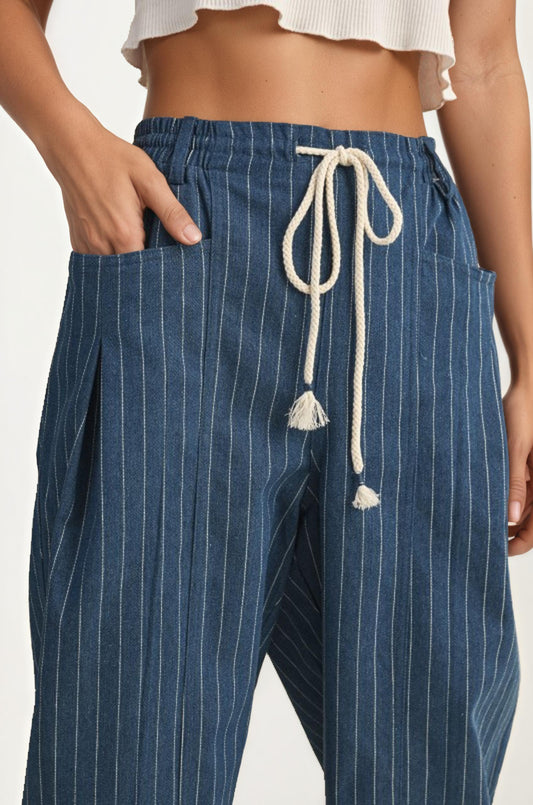 Striped Drawstring Denim Pants with Relaxed Straight Fit
