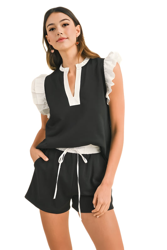 Black and White Ruffle Sleeve Two-Piece Lounge Set
