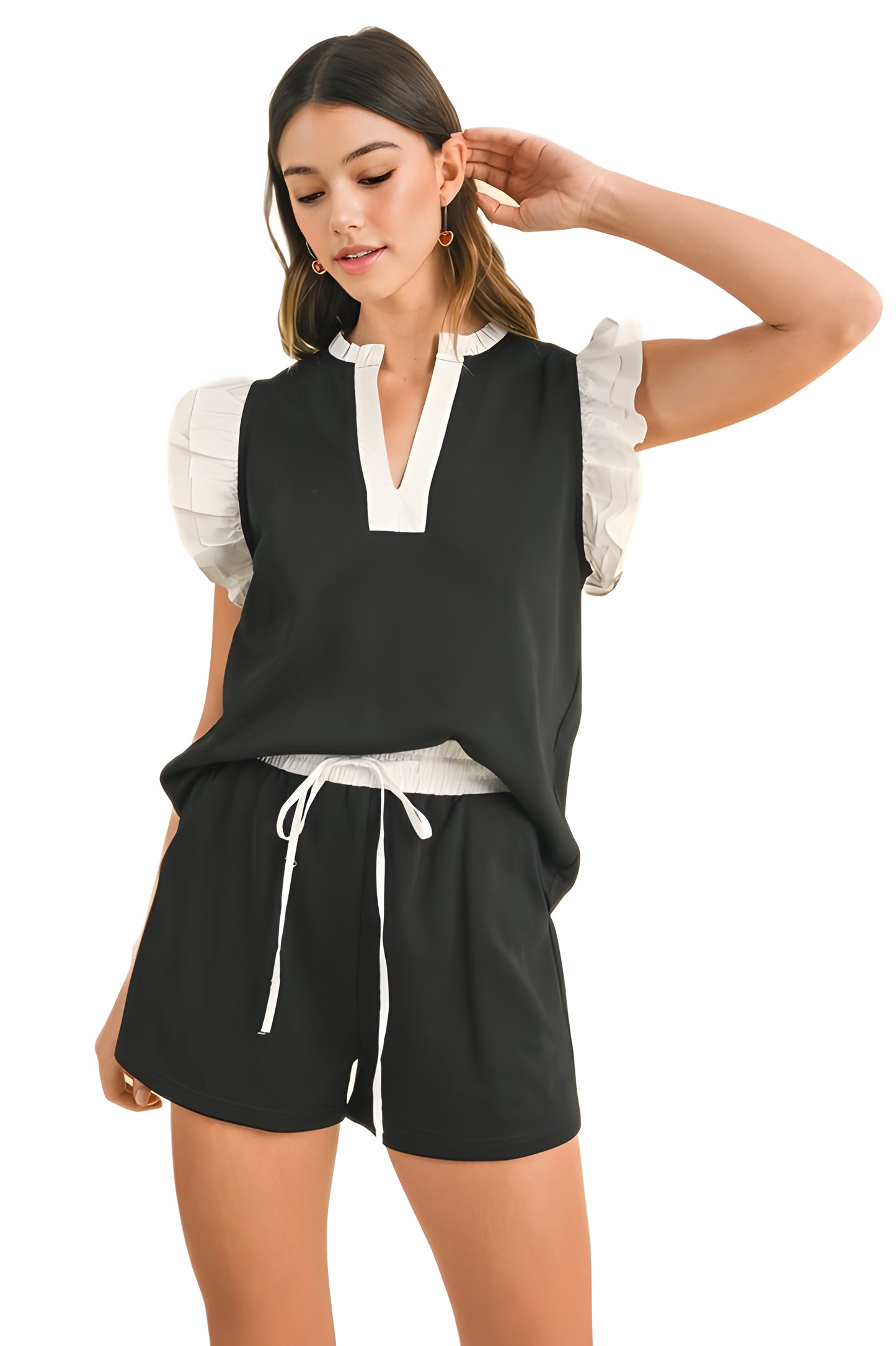 Black and White Ruffle Sleeve Two-Piece Lounge Set