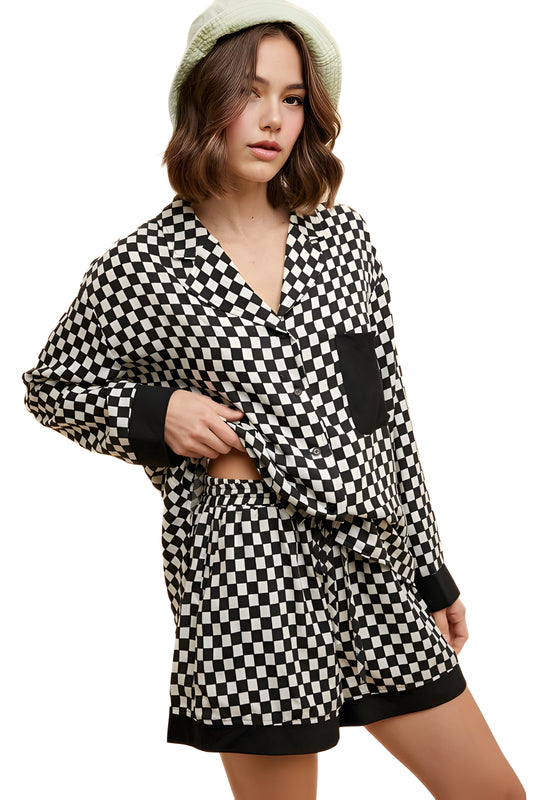 Checkerboard Print Button-Up Shirt and Shorts Pajama Set